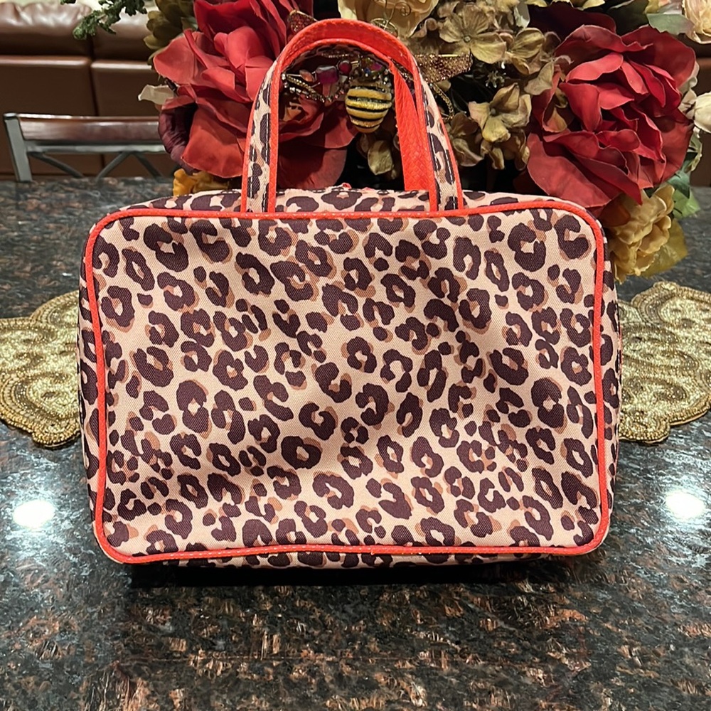 Modella Bright Orange And Leopard Print Double Sided Travel Bag